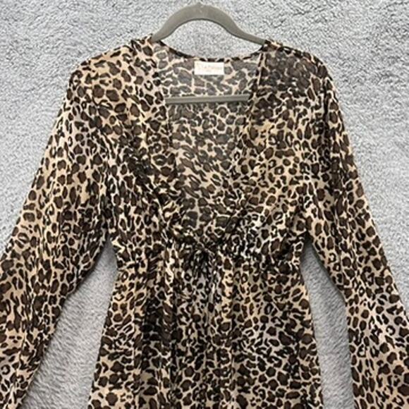 La Palapa XL Sheer Animal Print Cover Up Dress Long Sleeves Front Tie Beach Pool - Picture 2 of 10